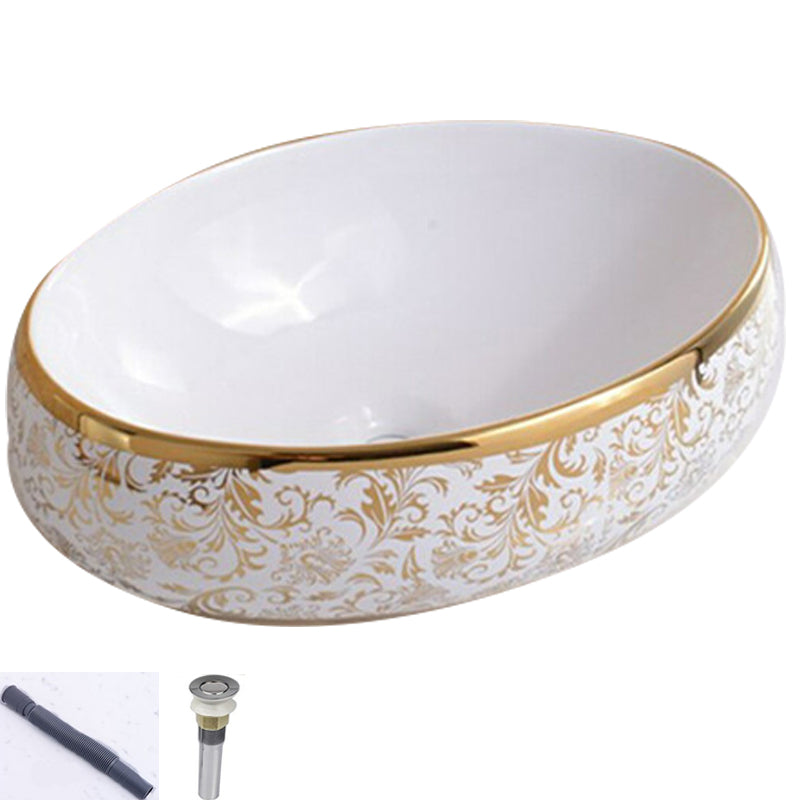 Traditional Vessel Lavatory Sink Oval-Shape Porcelain with Faucet Bathroom Sink