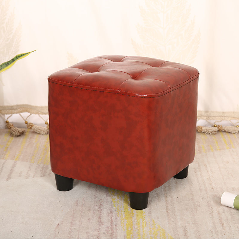 Modern Square Pouf Pure Color Tufted Upholstered Faux Leather Cube Ottoman