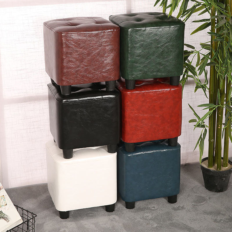 Modern Square Pouf Pure Color Tufted Upholstered Faux Leather Cube Ottoman