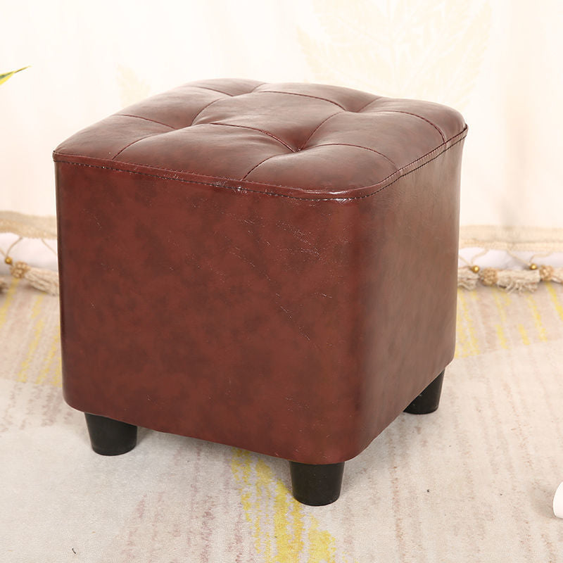 Modern Square Pouf Pure Color Tufted Upholstered Faux Leather Cube Ottoman