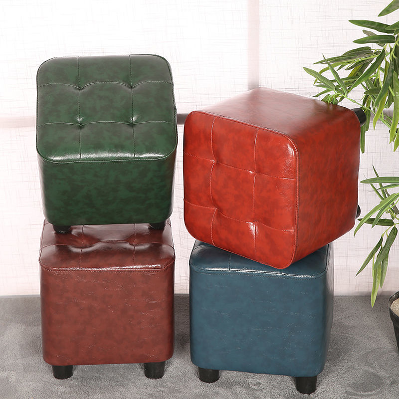Modern Square Pouf Pure Color Tufted Upholstered Faux Leather Cube Ottoman