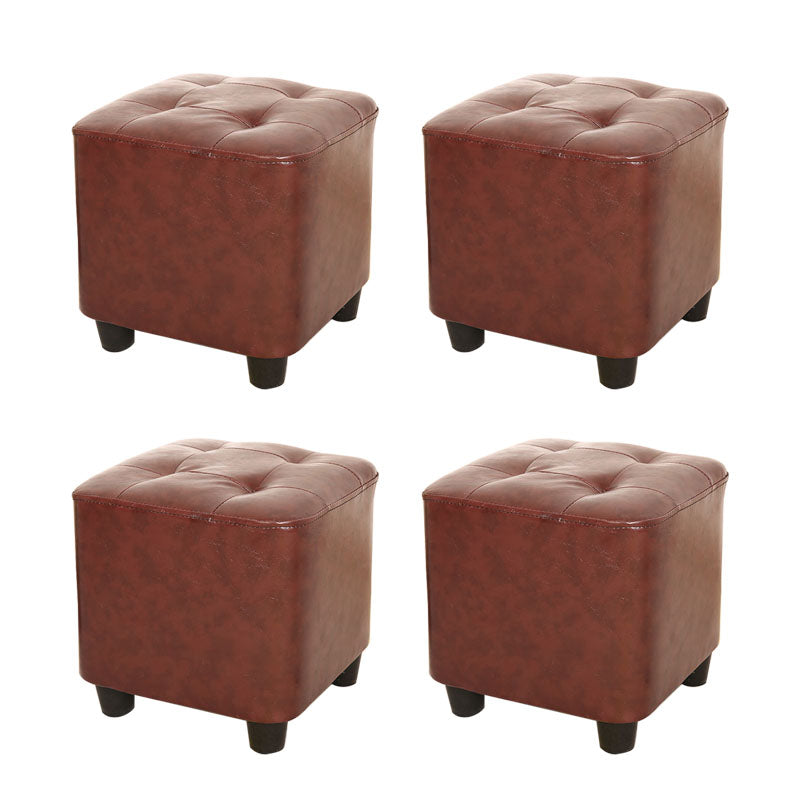 Modern Square Pouf Pure Color Tufted Upholstered Faux Leather Cube Ottoman