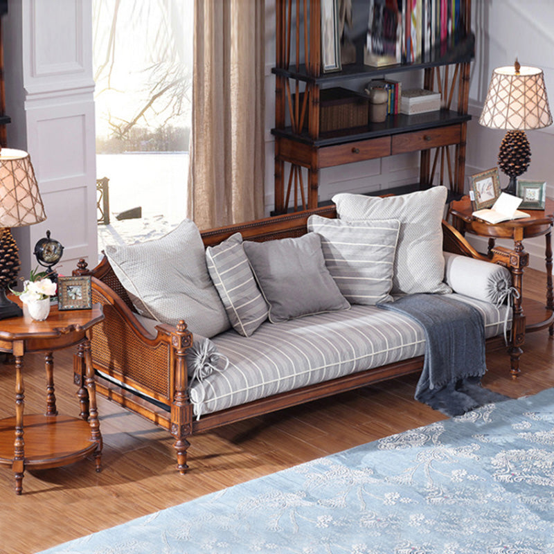 Farmhouse Seating Tuxedo Arm Sofa with Pillows Fabric and Wood in Brown