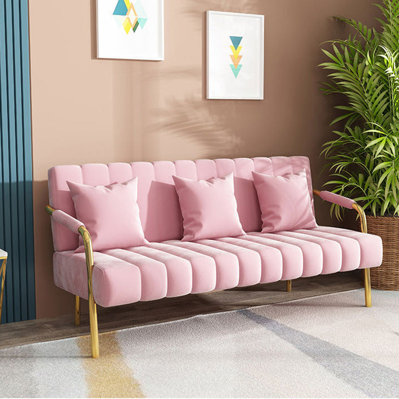 Recessed Arm Sofa Stain Velvet/Faux Leather Sofa with Pillows
