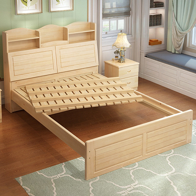 Solid Wood Bed Frame Headboard Standard Bed with Storage in Light Brone