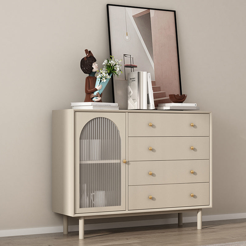 Solid Wood Glass/Rattan Door Cabinet Mid Century Beige Chest with Drawers