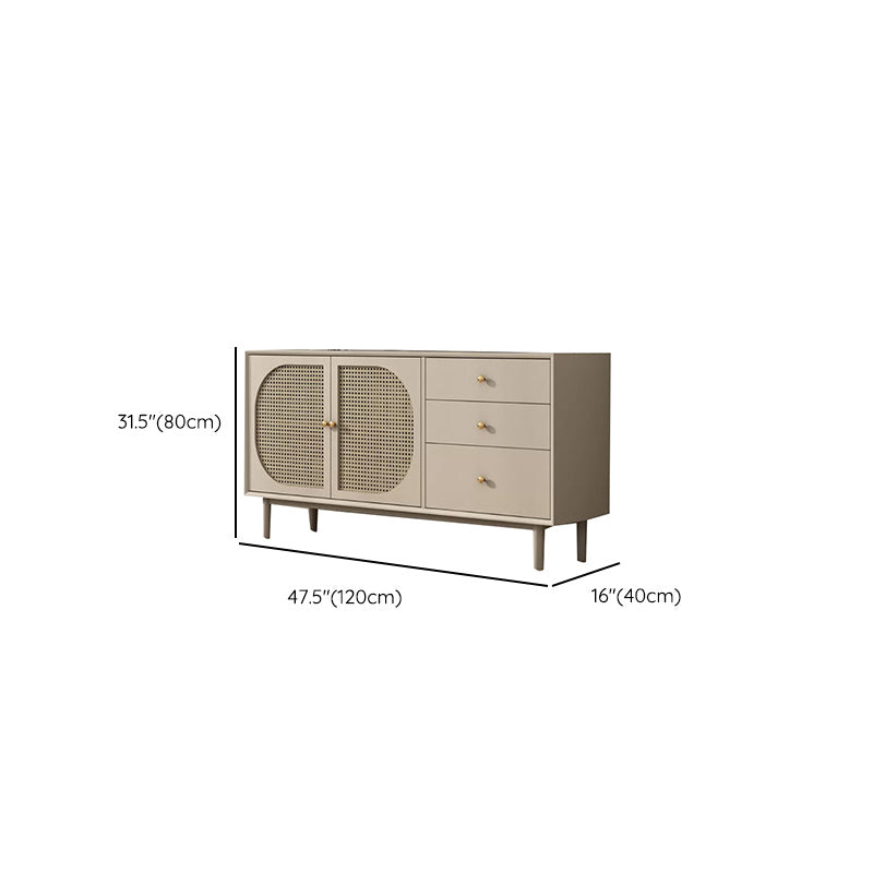 Solid Wood Glass/Rattan Door Cabinet Mid Century Beige Chest with Drawers