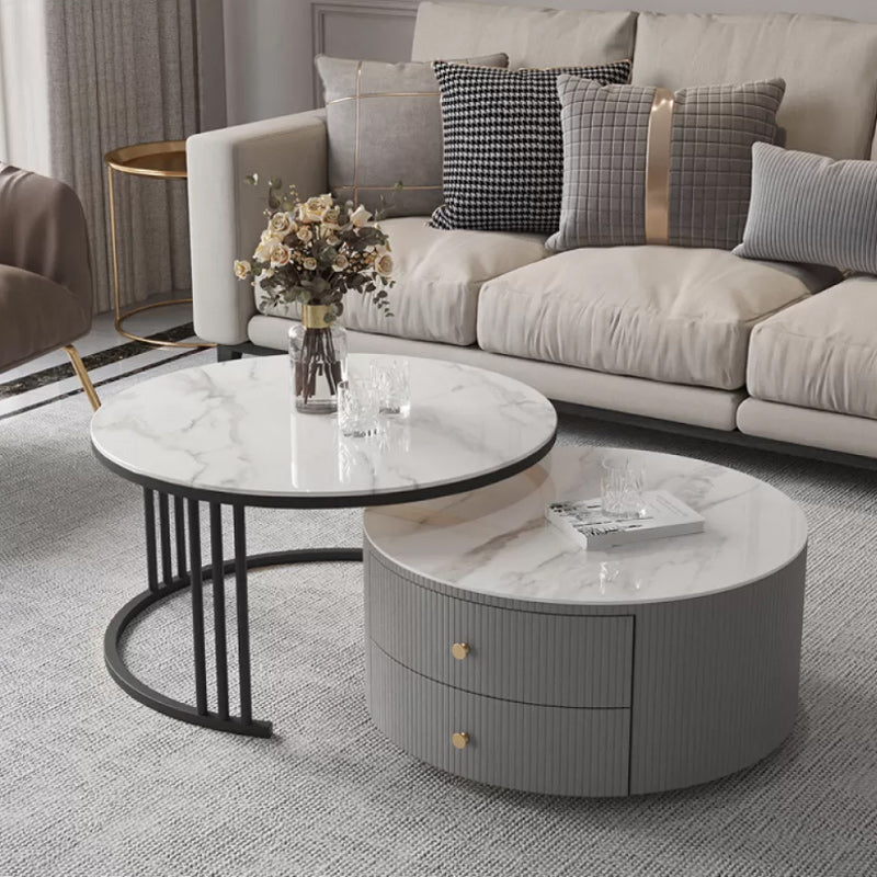 Modern Round End Table Living Room No Distressing Side Table with Drawers