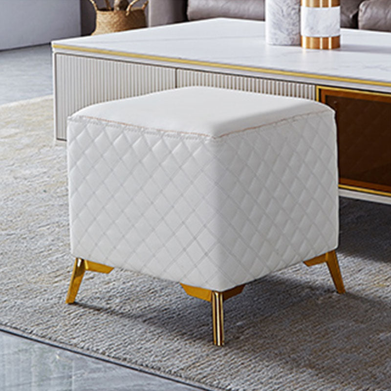 Glam Ottoman Genuine Leather Upholstered Diamond Lattice Square Ottoman with Metal Legs