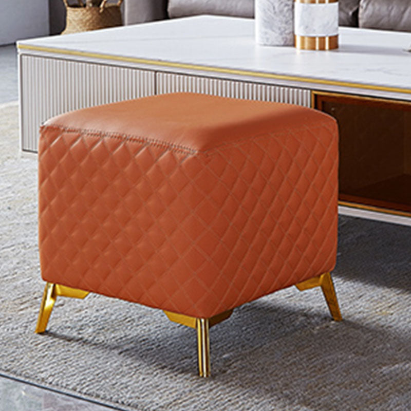 Glam Ottoman Genuine Leather Upholstered Diamond Lattice Square Ottoman with Metal Legs