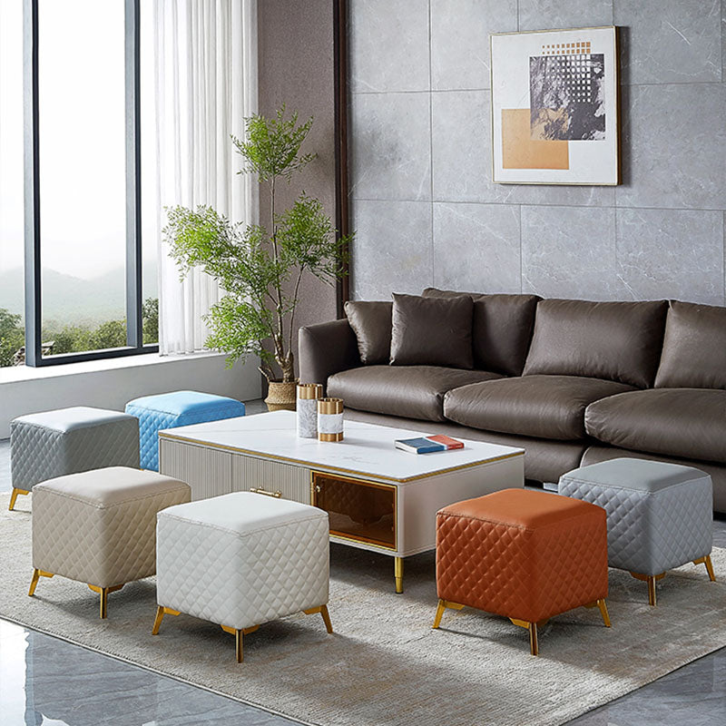 Glam Ottoman Genuine Leather Upholstered Diamond Lattice Square Ottoman with Metal Legs