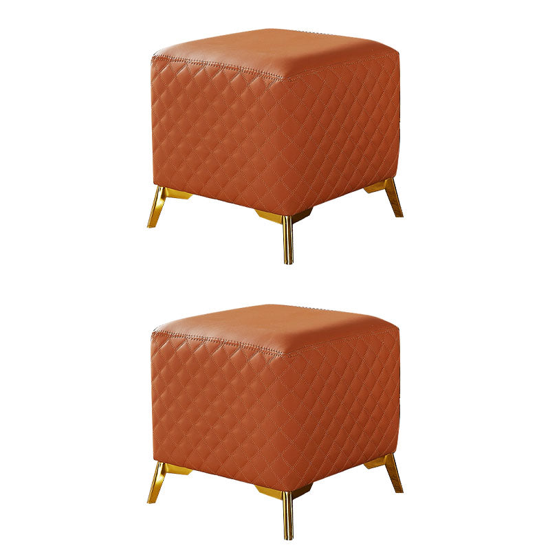 Glam Ottoman Genuine Leather Upholstered Diamond Lattice Square Ottoman with Metal Legs