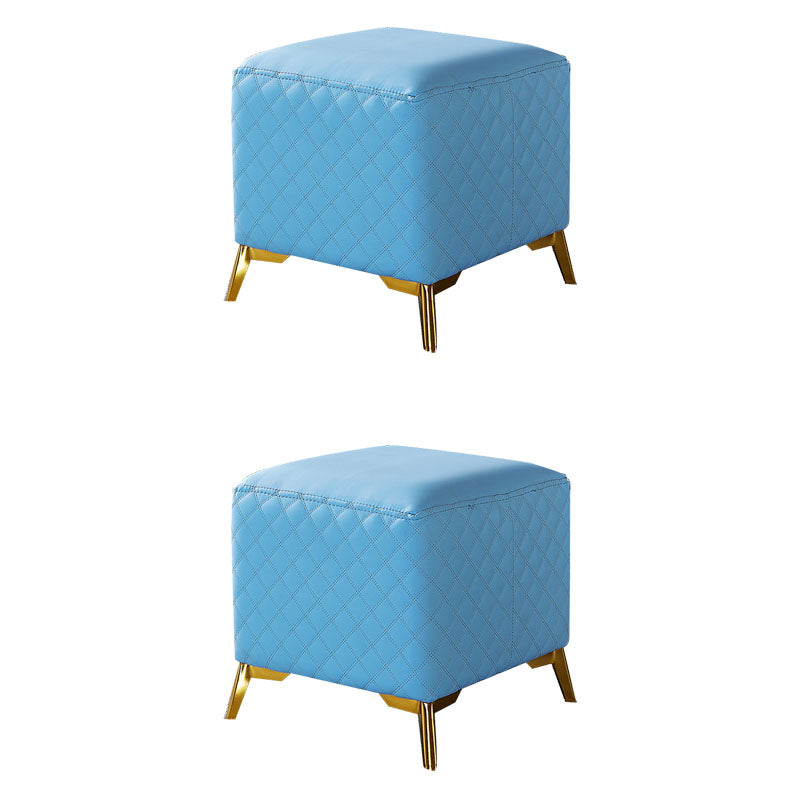 Glam Ottoman Genuine Leather Upholstered Diamond Lattice Square Ottoman with Metal Legs