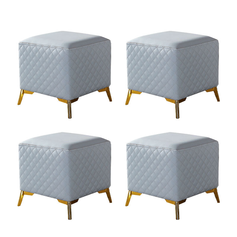 Glam Ottoman Genuine Leather Upholstered Diamond Lattice Square Ottoman with Metal Legs