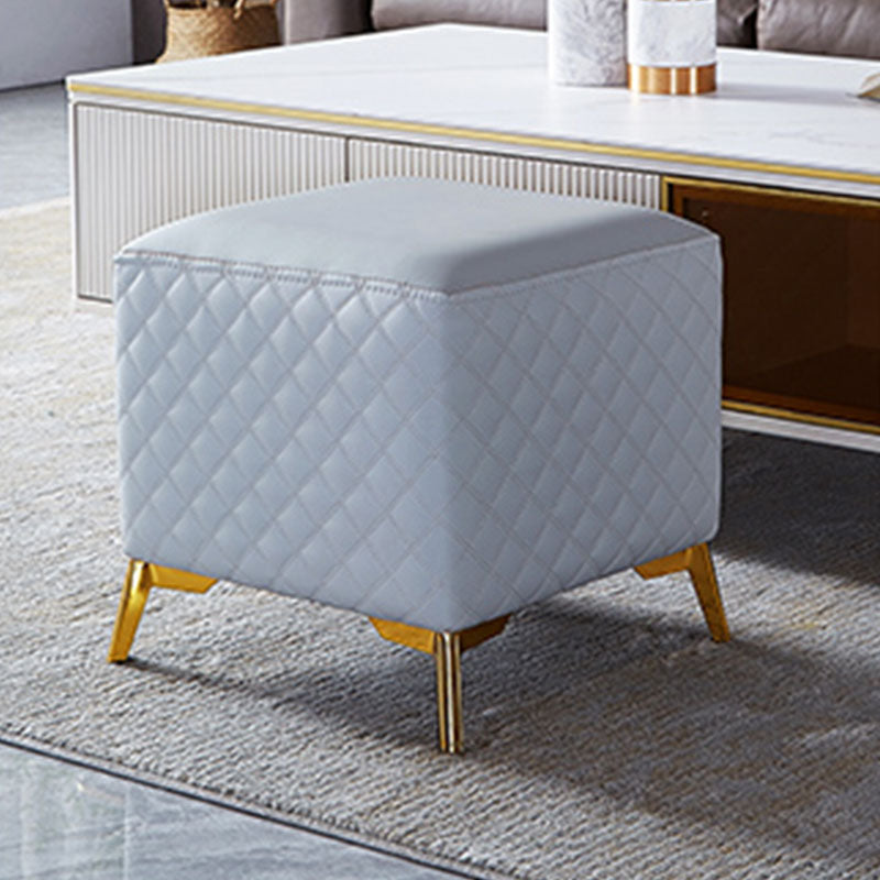 Glam Ottoman Genuine Leather Upholstered Diamond Lattice Square Ottoman with Metal Legs
