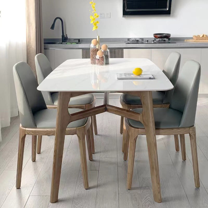 Mid-Century Dining Table with Brown Wood Frame Stone Top Dinette Table