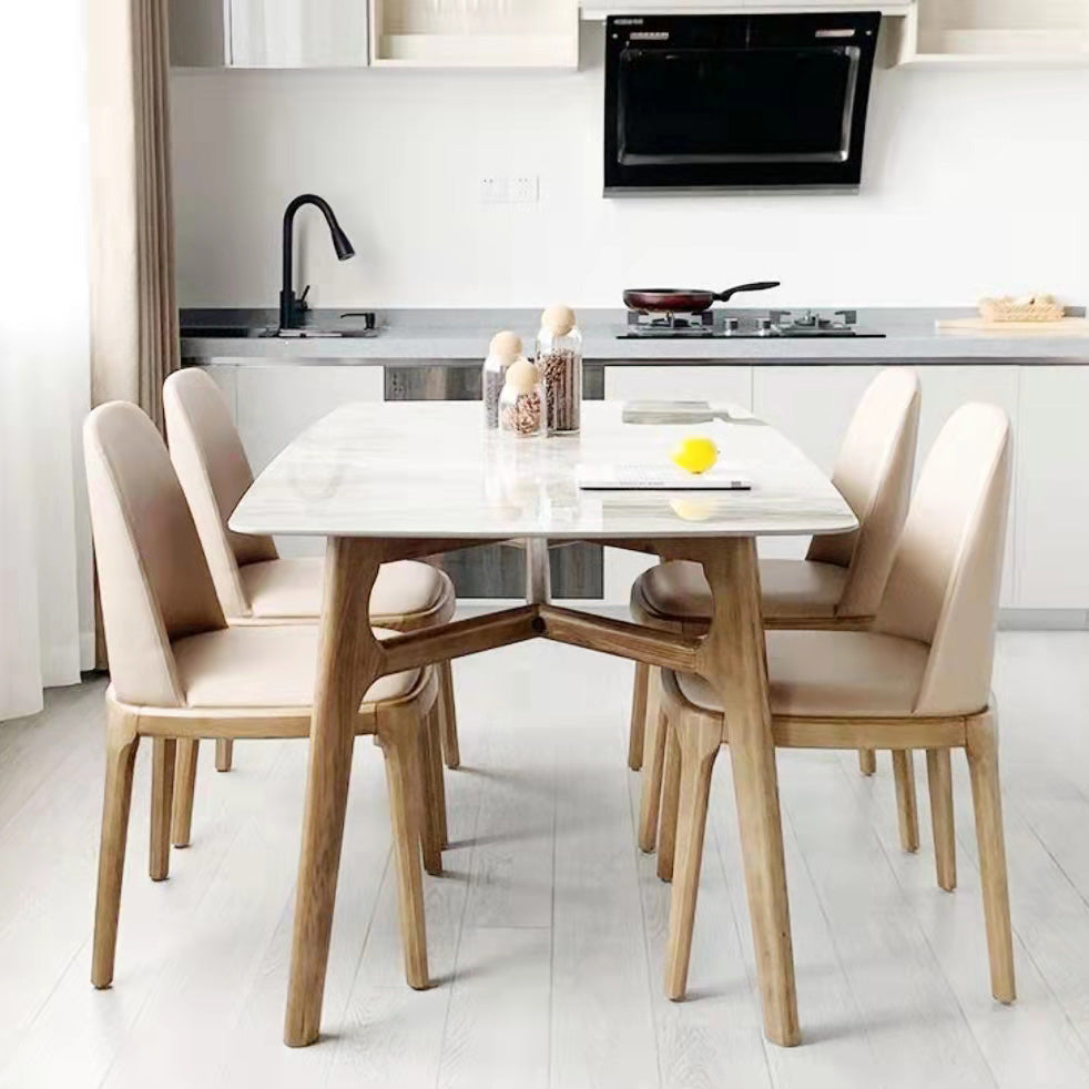 Mid-Century Dining Table with Brown Wood Frame Stone Top Dinette Table