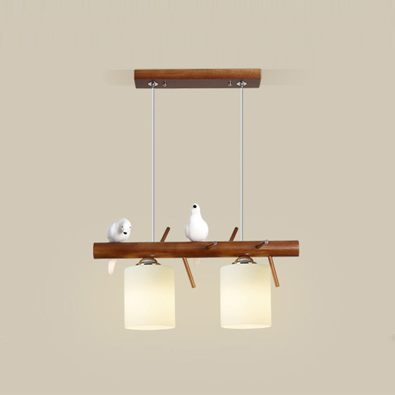 Modern Wood Pendant Light Cylinder Shape Island Light with Glass Shade for Bedroom