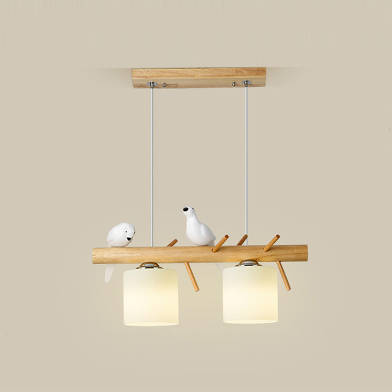 Modern Wood Pendant Light Cylinder Shape Island Light with Glass Shade for Bedroom