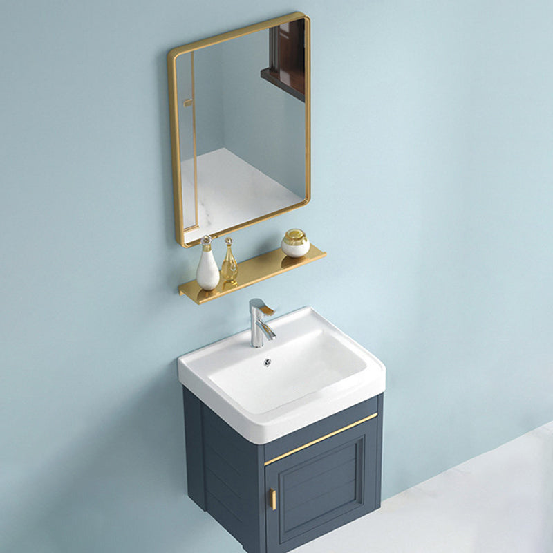 Blue Rectangle Vanity Set Metal Frame Wall-Mounted 2 Doors Mirror Single Sink Bath Vanity