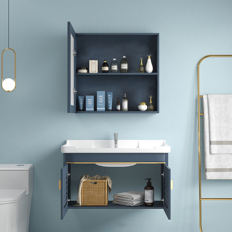 Blue Rectangle Vanity Set Metal Frame Wall-Mounted 2 Doors Mirror Single Sink Bath Vanity