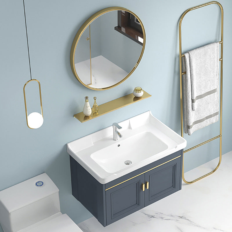 Blue Rectangle Vanity Set Metal Frame Wall-Mounted 2 Doors Mirror Single Sink Bath Vanity