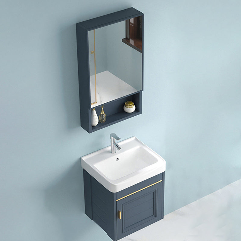 Blue Rectangle Vanity Set Metal Frame Wall-Mounted 2 Doors Mirror Single Sink Bath Vanity