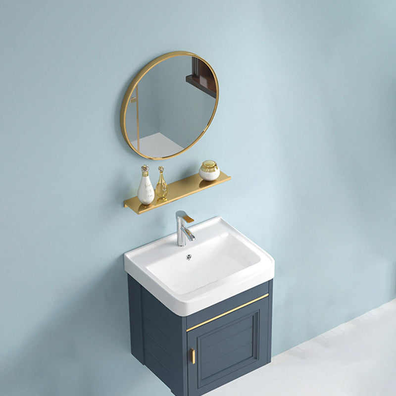 Blue Rectangle Vanity Set Metal Frame Wall-Mounted 2 Doors Mirror Single Sink Bath Vanity