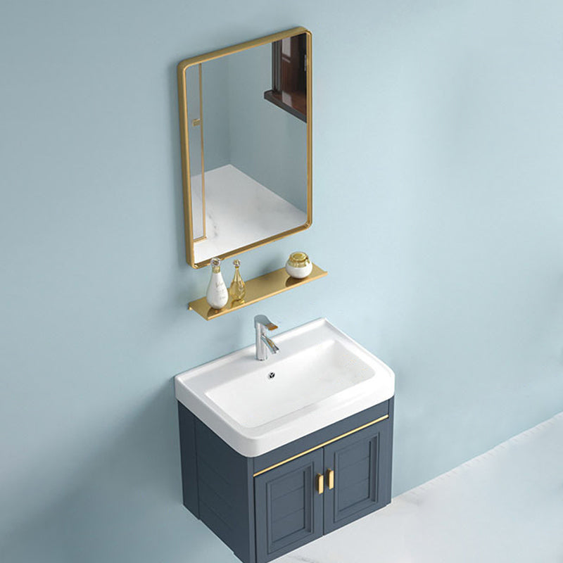 Blue Rectangle Vanity Set Metal Frame Wall-Mounted 2 Doors Mirror Single Sink Bath Vanity