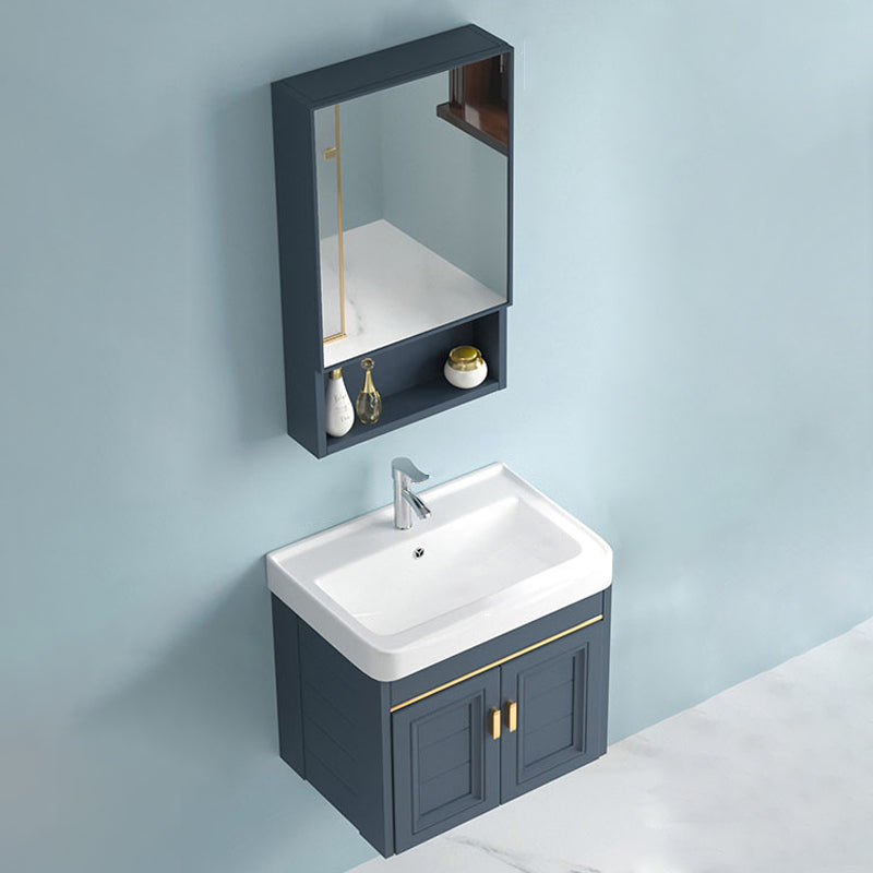 Blue Rectangle Vanity Set Metal Frame Wall-Mounted 2 Doors Mirror Single Sink Bath Vanity