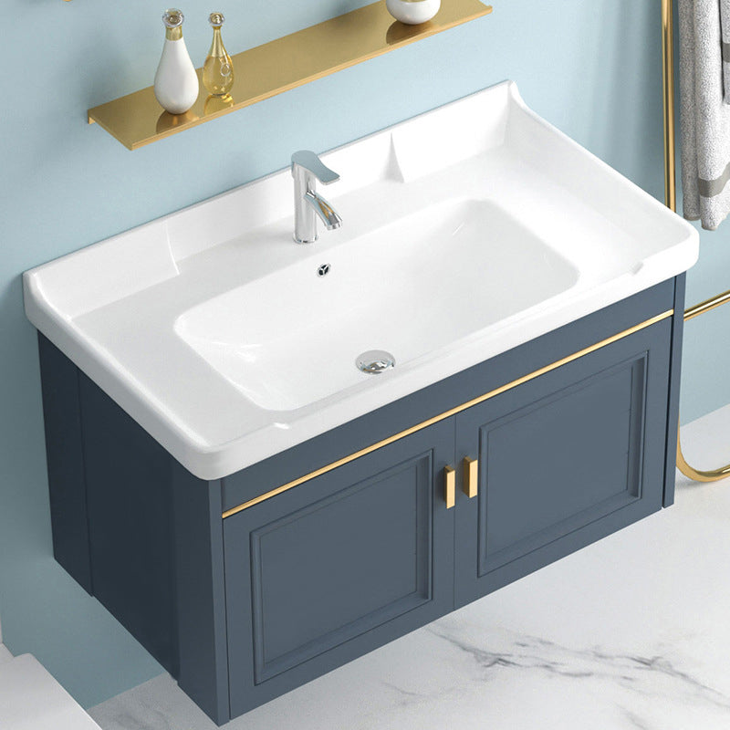 Blue Rectangle Vanity Set Metal Frame Wall-Mounted 2 Doors Mirror Single Sink Bath Vanity