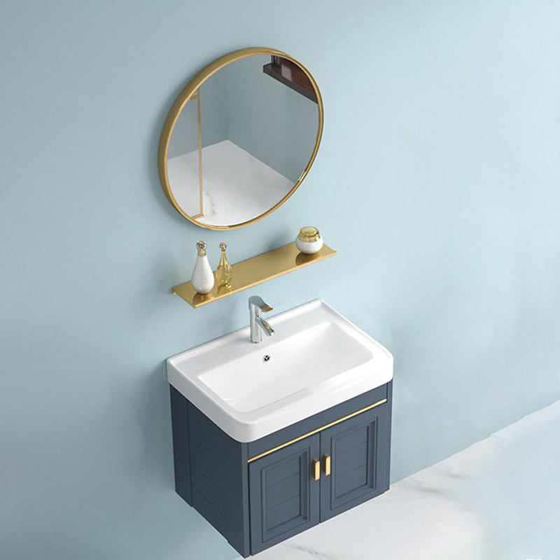 Blue Rectangle Vanity Set Metal Frame Wall-Mounted 2 Doors Mirror Single Sink Bath Vanity