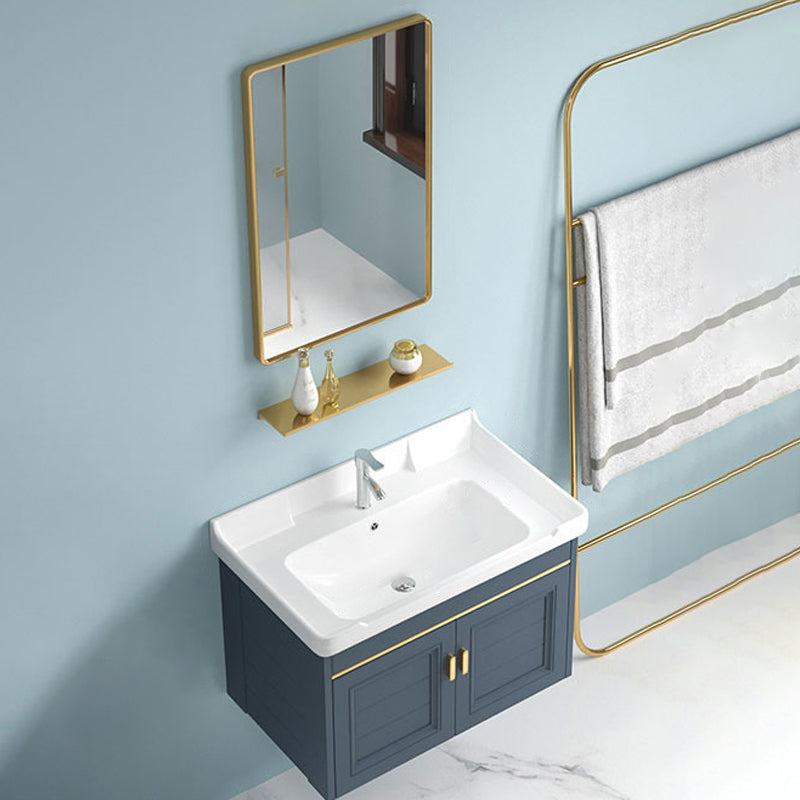 Blue Rectangle Vanity Set Metal Frame Wall-Mounted 2 Doors Mirror Single Sink Bath Vanity