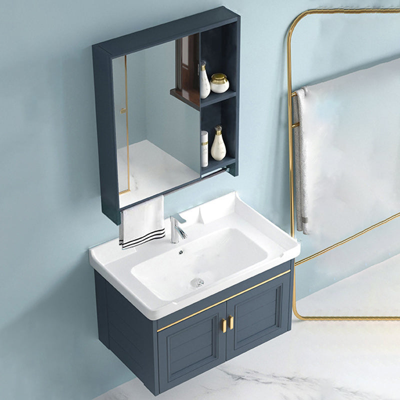 Blue Rectangle Vanity Set Metal Frame Wall-Mounted 2 Doors Mirror Single Sink Bath Vanity