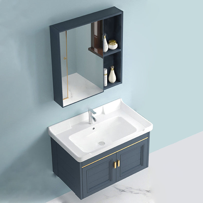 Blue Rectangle Vanity Set Metal Frame Wall-Mounted 2 Doors Mirror Single Sink Bath Vanity