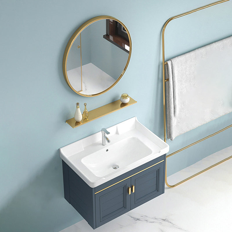 Blue Rectangle Vanity Set Metal Frame Wall-Mounted 2 Doors Mirror Single Sink Bath Vanity