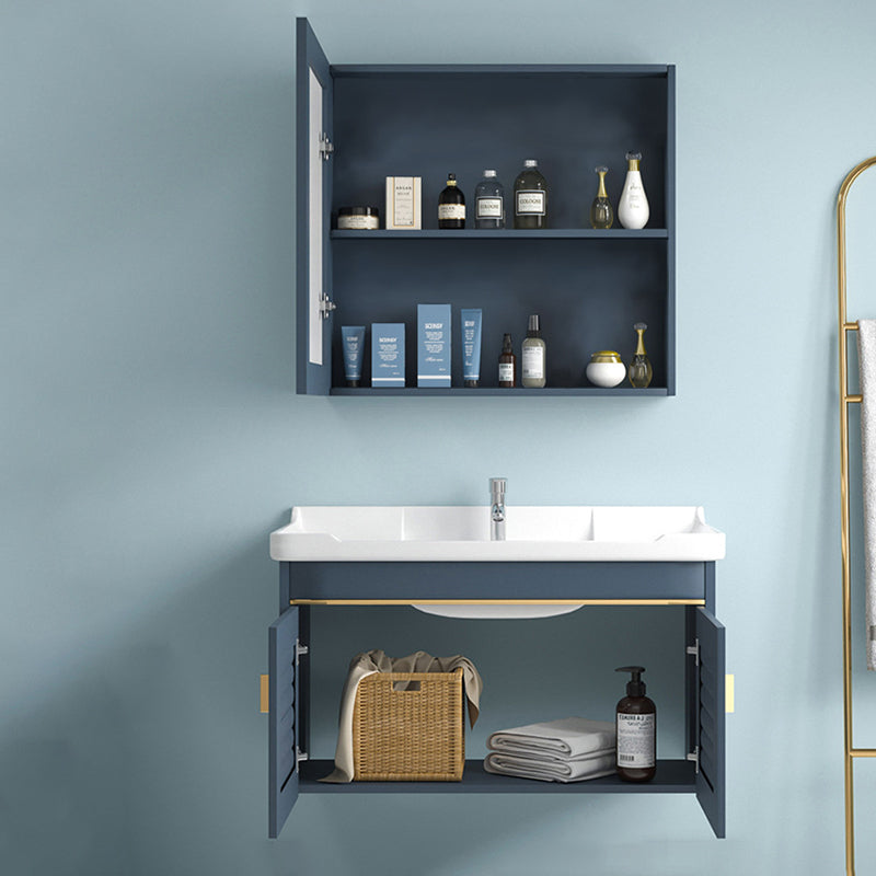 Blue Rectangle Vanity Set Metal Frame Wall-Mounted 2 Doors Mirror Single Sink Bath Vanity