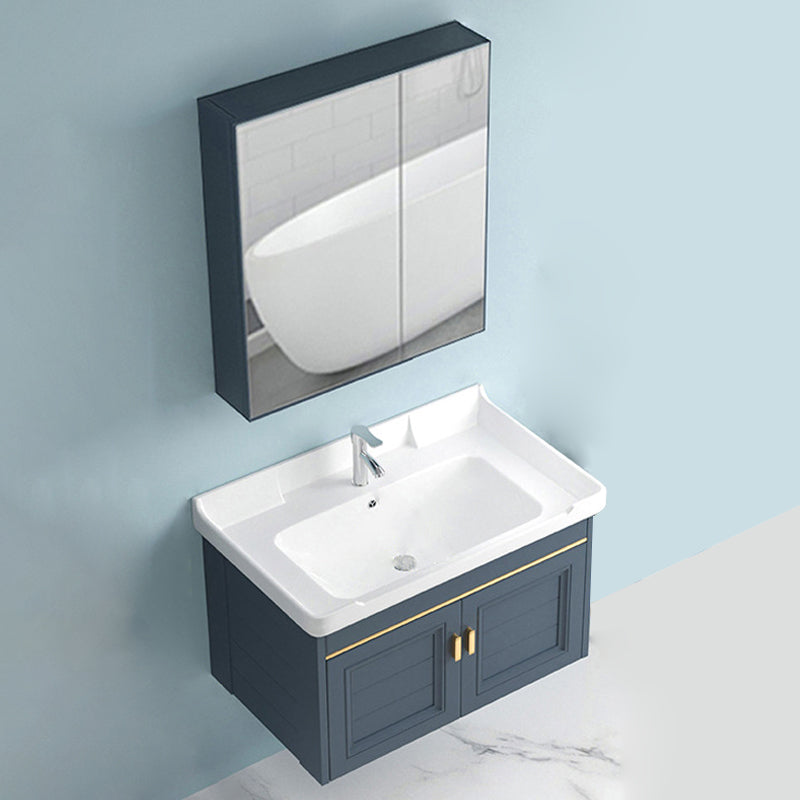 Blue Rectangle Vanity Set Metal Frame Wall-Mounted 2 Doors Mirror Single Sink Bath Vanity