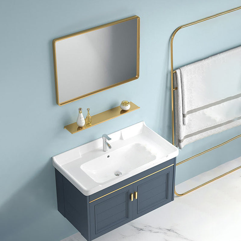 Blue Rectangle Vanity Set Metal Frame Wall-Mounted 2 Doors Mirror Single Sink Bath Vanity