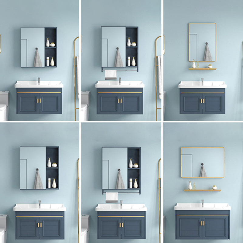 Blue Rectangle Vanity Set Metal Frame Wall-Mounted 2 Doors Mirror Single Sink Bath Vanity