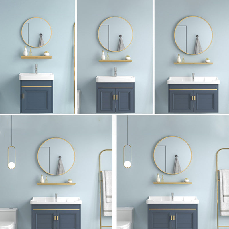 Blue Rectangle Vanity Set Metal Frame Wall-Mounted 2 Doors Mirror Single Sink Bath Vanity