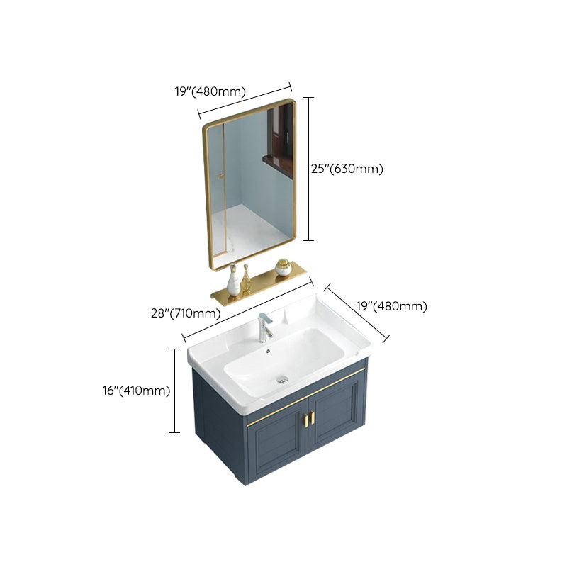 Blue Rectangle Vanity Set Metal Frame Wall-Mounted 2 Doors Mirror Single Sink Bath Vanity