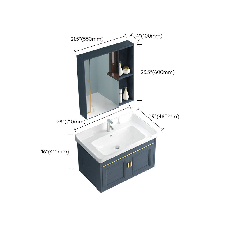 Blue Rectangle Vanity Set Metal Frame Wall-Mounted 2 Doors Mirror Single Sink Bath Vanity