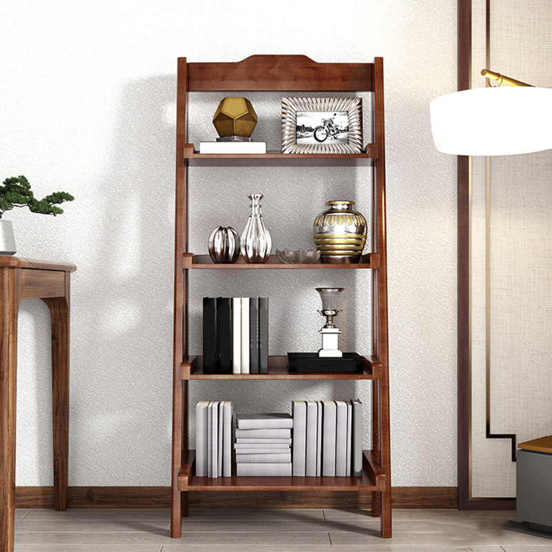 Open Back Walnut Bookcase Contemporary Ladder Bookshelf with Shelves