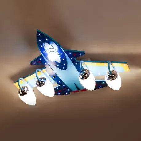 Lámpara de techo de madera y vidrio para avión de combate, luz azul fría para montaje en techo, para dormitorio de niños