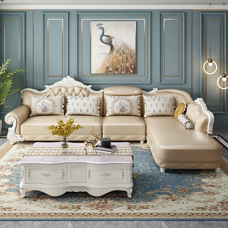 Tufted Scroll Arm Chesterfield Sofa and Chaise Genuine Leather Sofa with Pillows