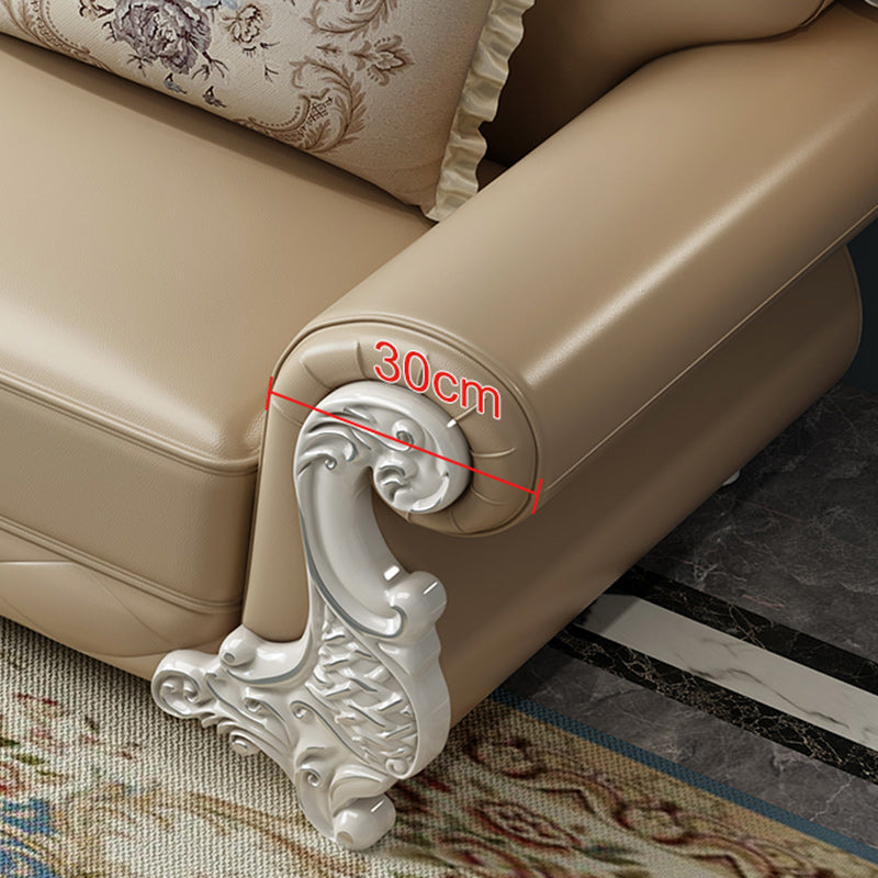 Tufted Scroll Arm Chesterfield Sofa and Chaise Genuine Leather Sofa with Pillows