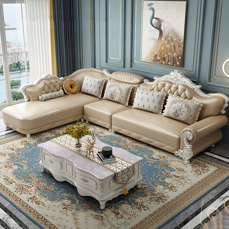 Tufted Scroll Arm Chesterfield Sofa and Chaise Genuine Leather Sofa with Pillows