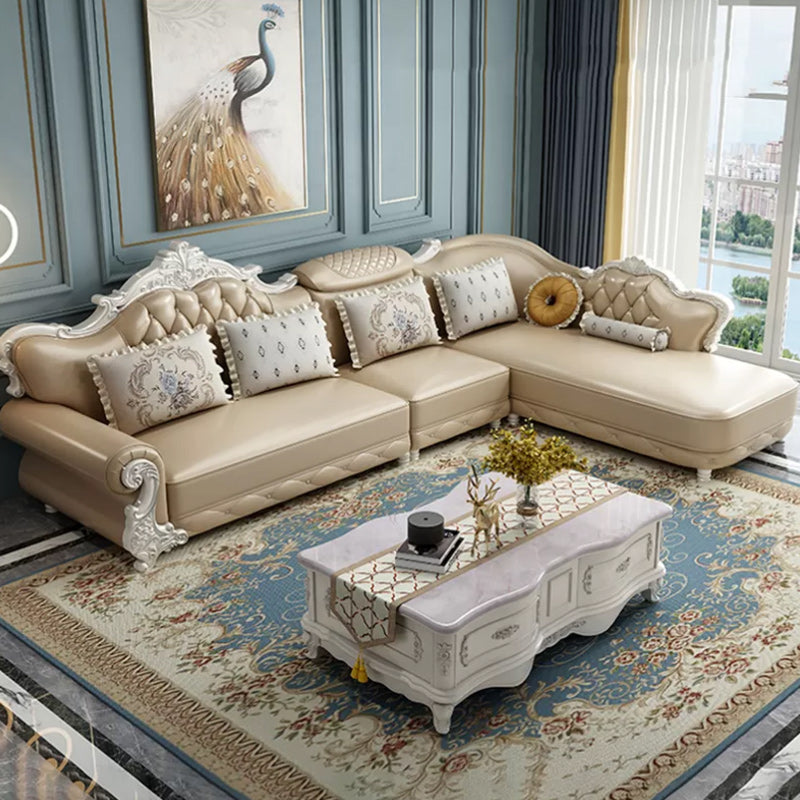 Tufted Scroll Arm Chesterfield Sofa and Chaise Genuine Leather Sofa with Pillows