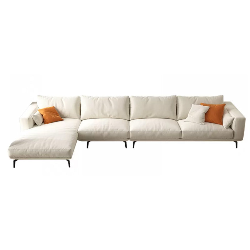 Square Arm Loose Back Sofa and Chaise Slipcovered White Fabric Sofa
